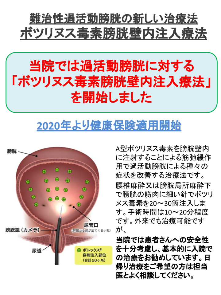 ボツリヌス毒素膀胱壁内注入療法 当院では過活動膀胱に対する「ボツリヌス毒素膀胱壁内注入療法」を開始しました。
A型ボツリヌス毒素を膀胱壁内に注射することによる筋弛緩作用で過活動膀胱による種々の症状を改善する治療法です。
腰椎麻酔又は膀胱局所麻酔下で膀胱の筋肉に細い針でボツリヌス毒素を20～30箇注入します。手術時間は10～20分程度です。外来でも治療可能ですが、
当院では患者さんへの安全性を十分考慮し、基本的に入院での治療をお勧めしています。日帰り治療をご希望の方は担当医とよく相談してください。
